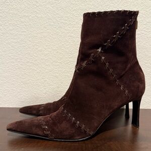 Casadei VTG Brown Suede Ultra Pointed Ankle Boots Patch Detail